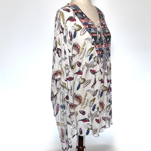 Umgee Cream Feather Print Batwing Boho Women's Top L - Picture 3 of 7